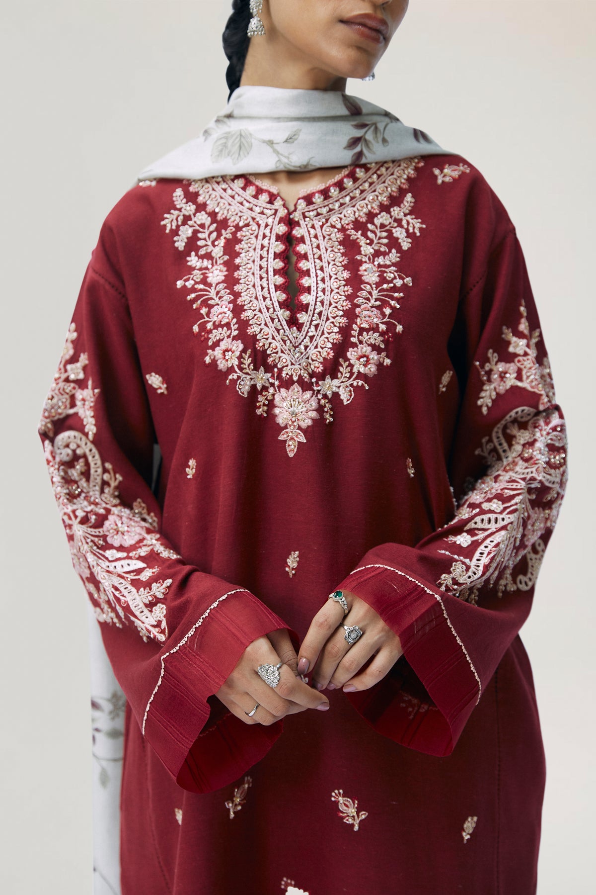 Full-length view of red Pakistani cotton-rayon kameez set with printed silk dupatta — Eid and wedding wear UK