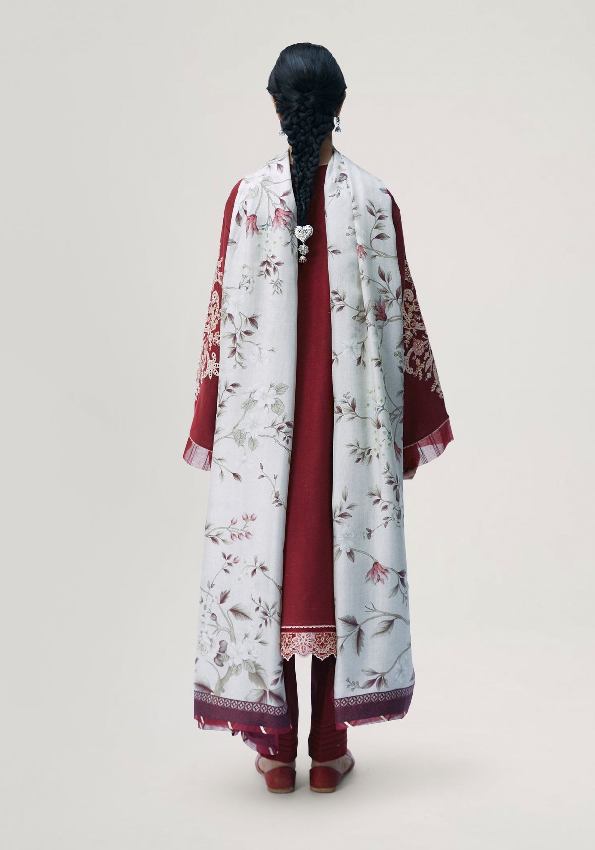 Modern red Pakistani formal dress with embroidered keyhole neckline and silk dupatta — South Asian fashion UK