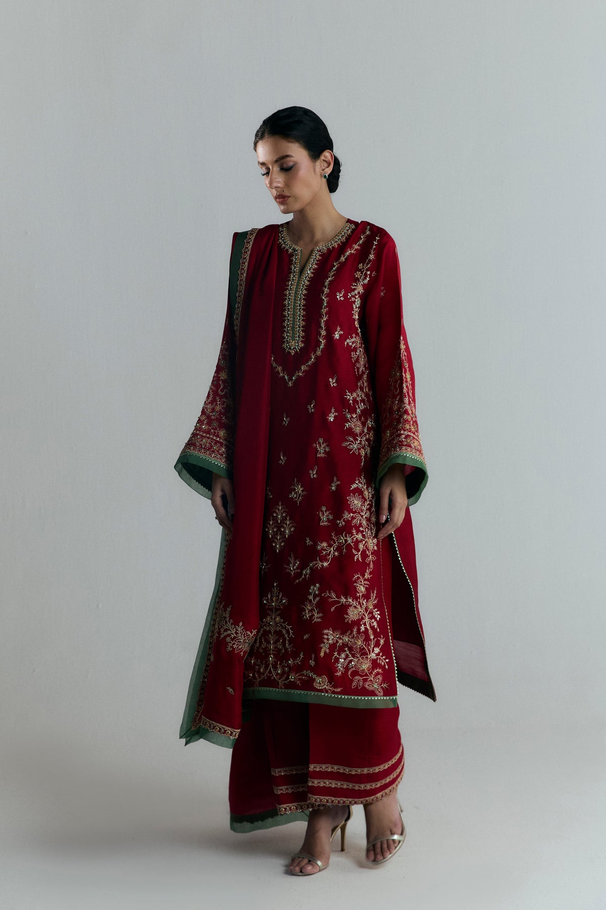 Elegant scarlet Pakistani khaadi silk suit with hand embroidery and organza finishings — formal and festive wear