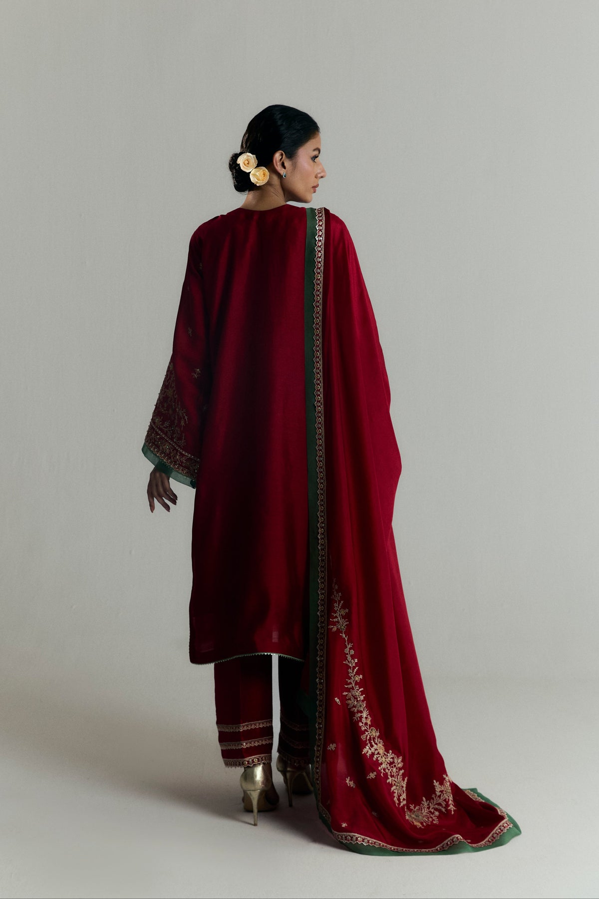 Full-length Scarlet Pakistani khaadi silk formal suit with silk dupatta — luxury pret wear for weddings and Eid