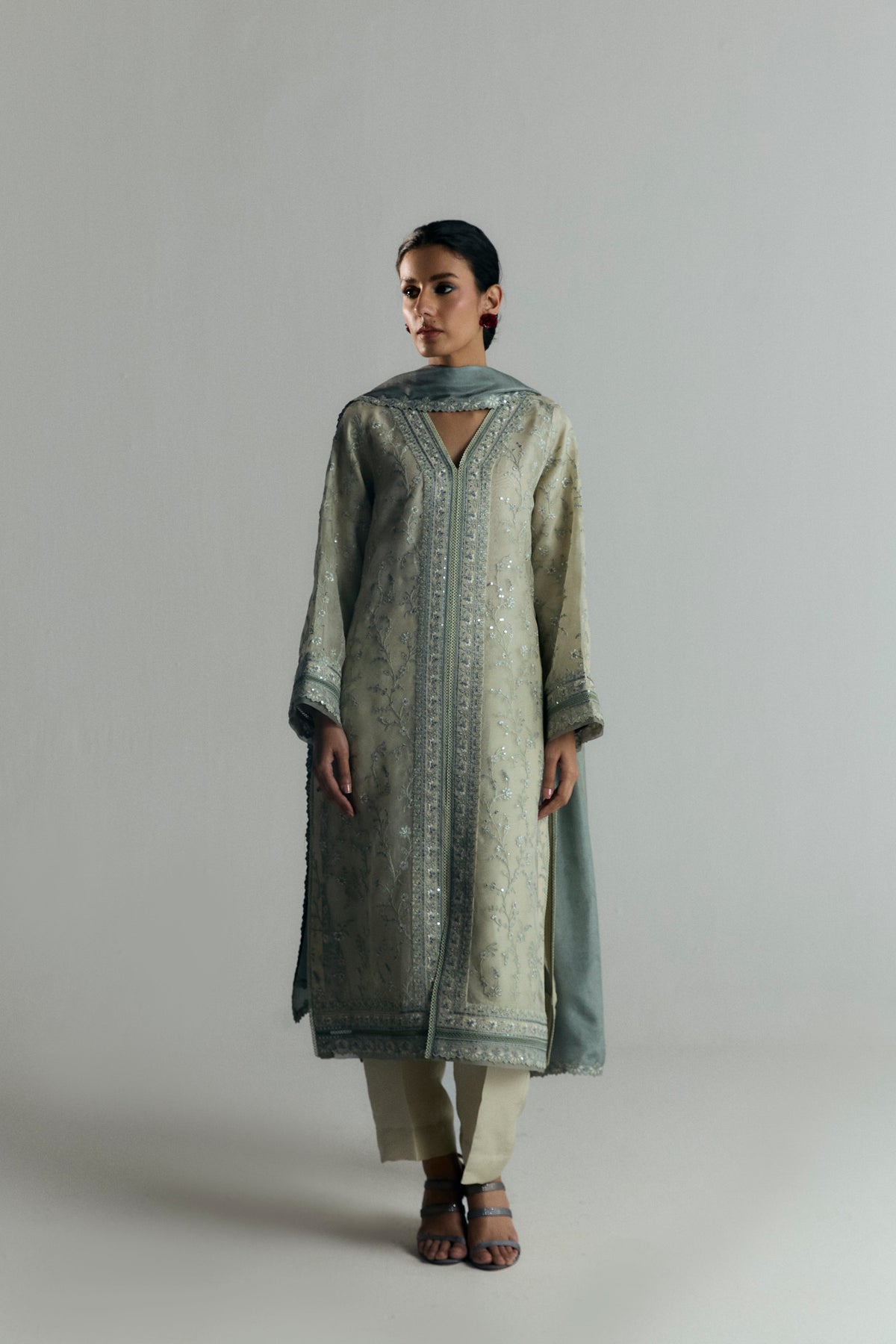 Frost Set full look — open-bottom organza kameez with silk trousers and tonal dupatta