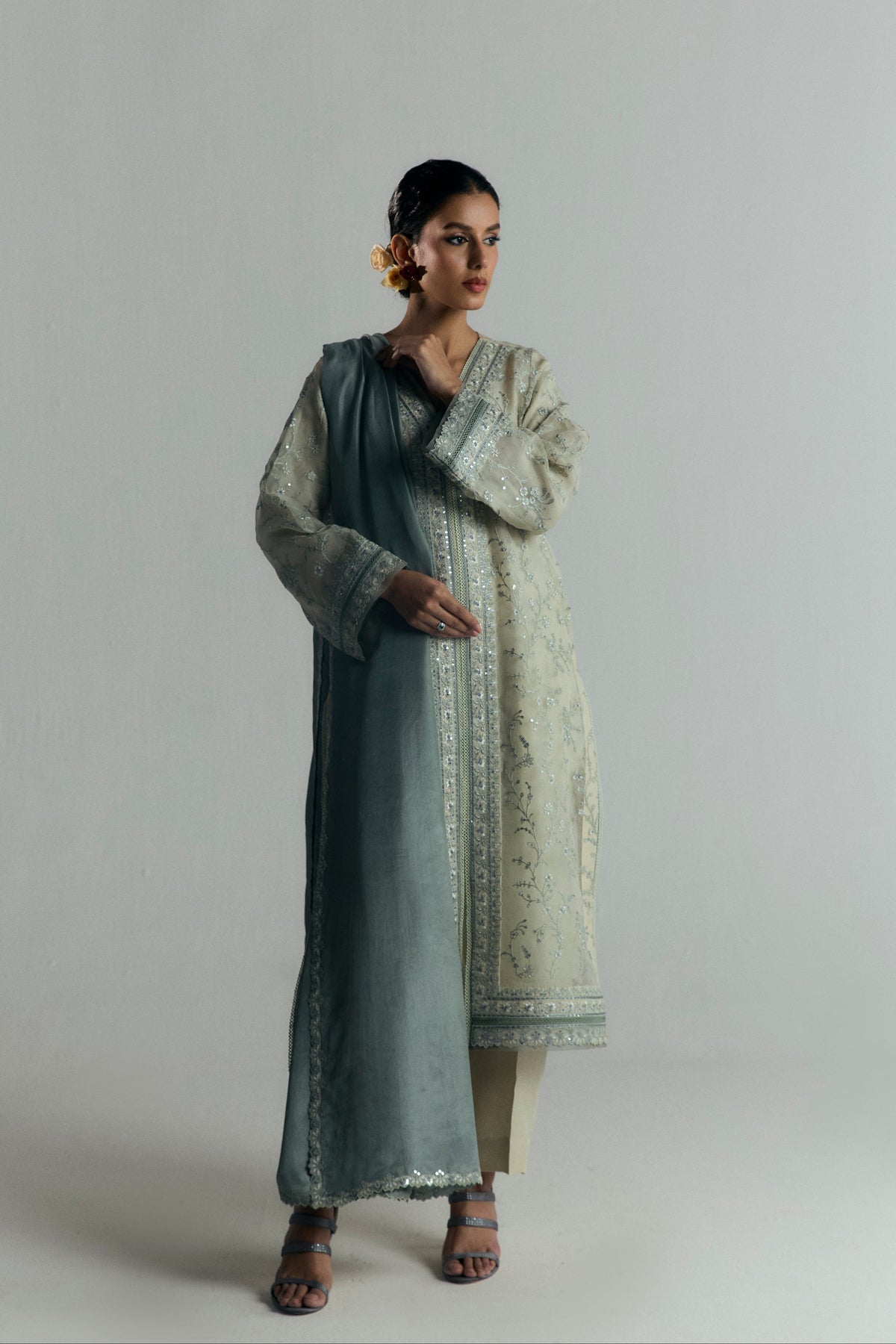 Organza kameez embroidery detail — sequin embellishments and lace neckline