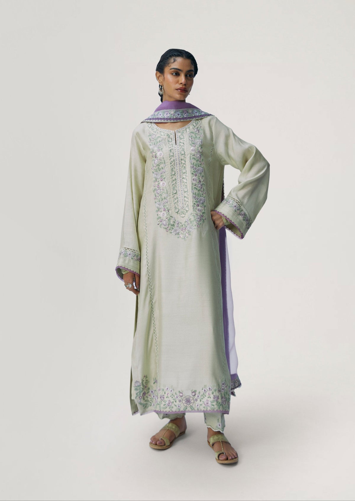 Pistachio Set — Pure Silk A-Line Pakistani Kameez