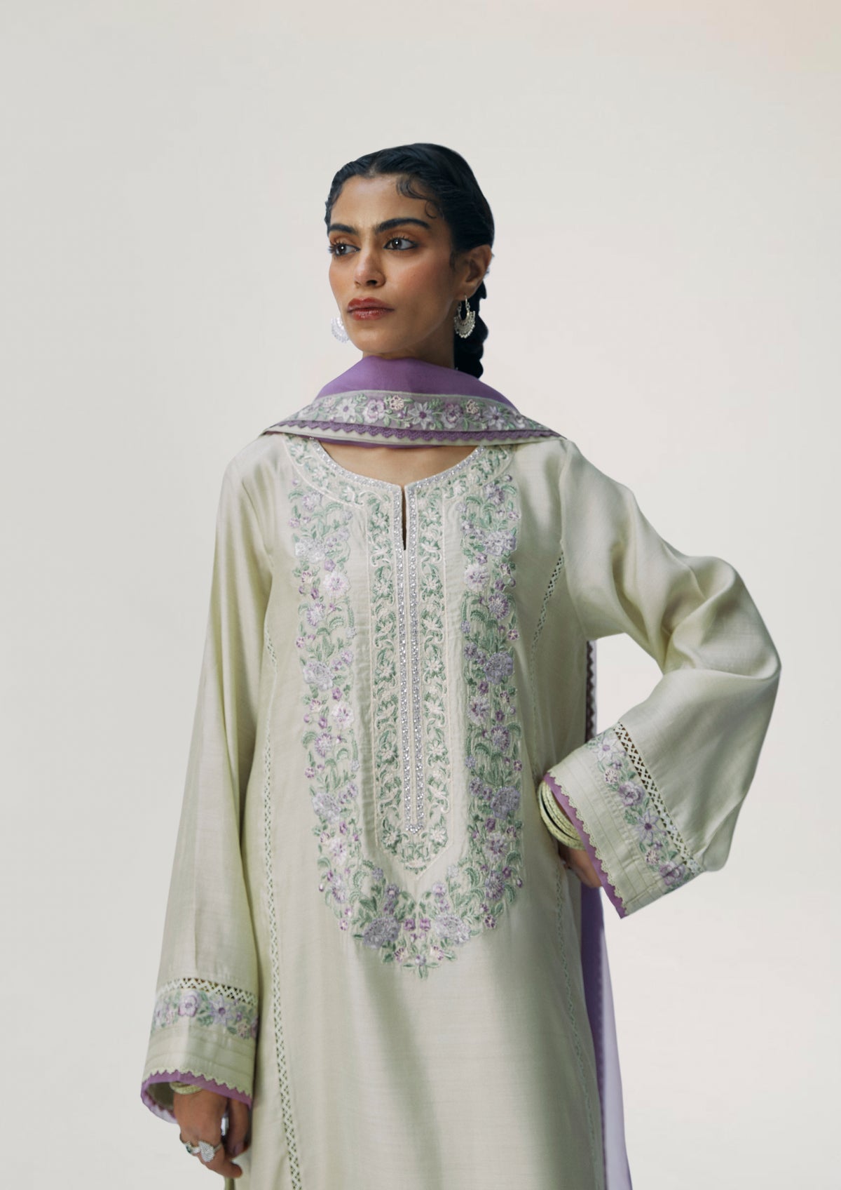 Pistachio green pure silk A-line Pakistani kameez — lace finishings and purple border accent