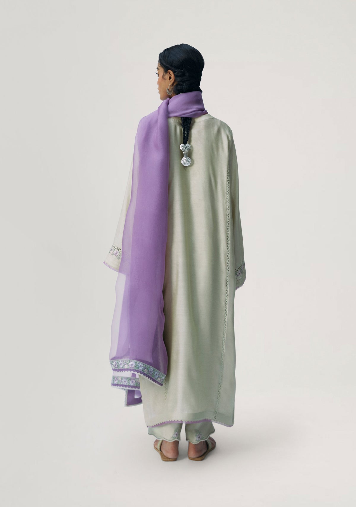 Pistachio Set full look — pale green A-line kameez with scalloped silk trousers