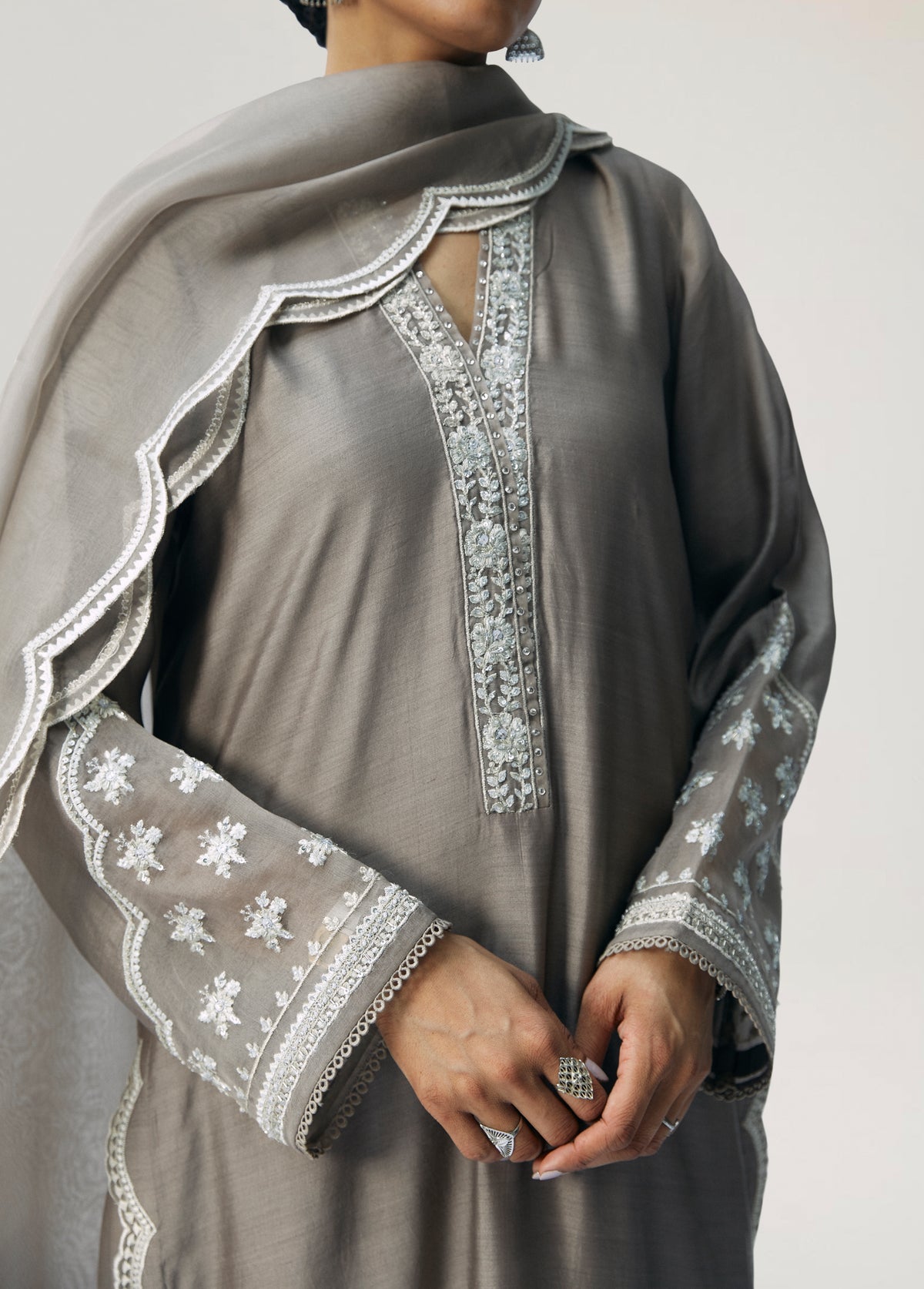Mink pure silk V-neck kameez — hand-embellished sequins on neckline and organza sleeve finishings