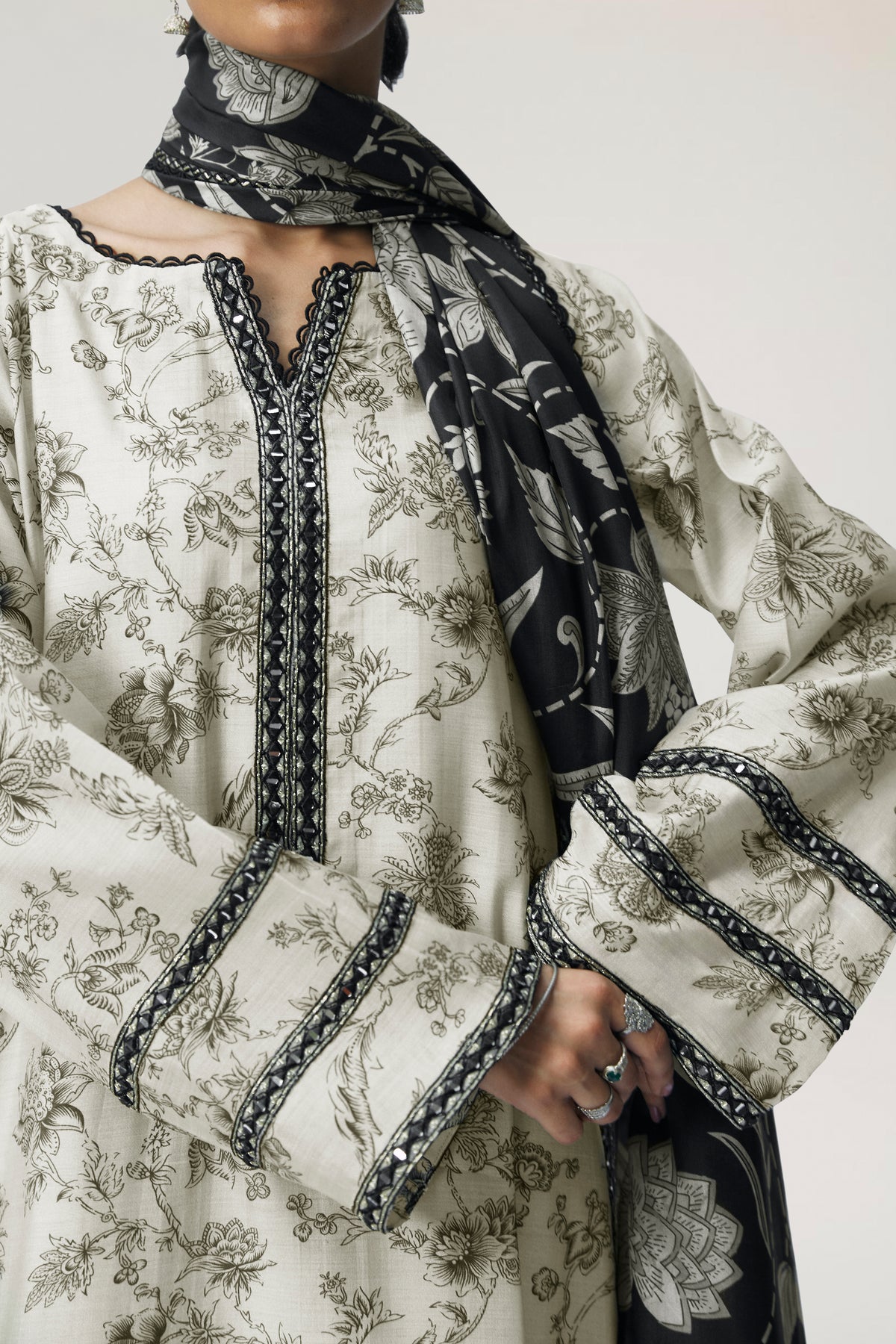 Premium black and cream silk salwar kameez set with lace-embroidered printed dupatta — Pakistani wedding and festive wear