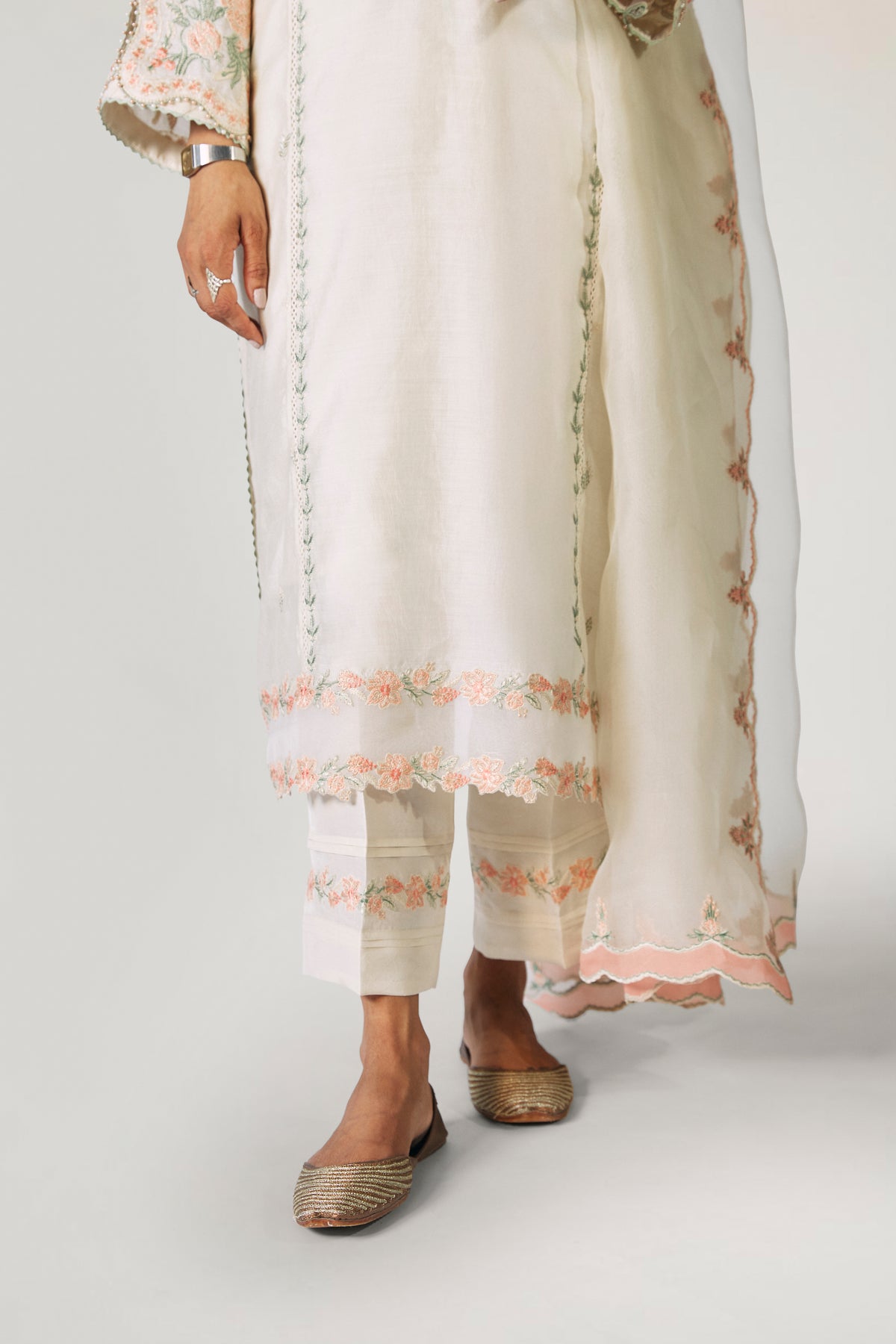 Cream three-panel silk kameez with double pleat trousers and embroidered organza dupatta — South Asian designer formal dress UK
