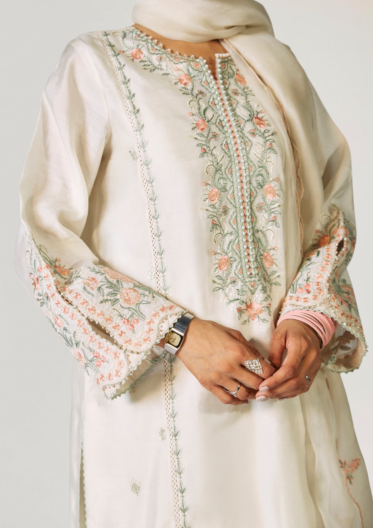Premium cream silk Pakistani formal three-piece suit with beadwork hem and neckline hand-embellishments —Mannam luxury pret UK