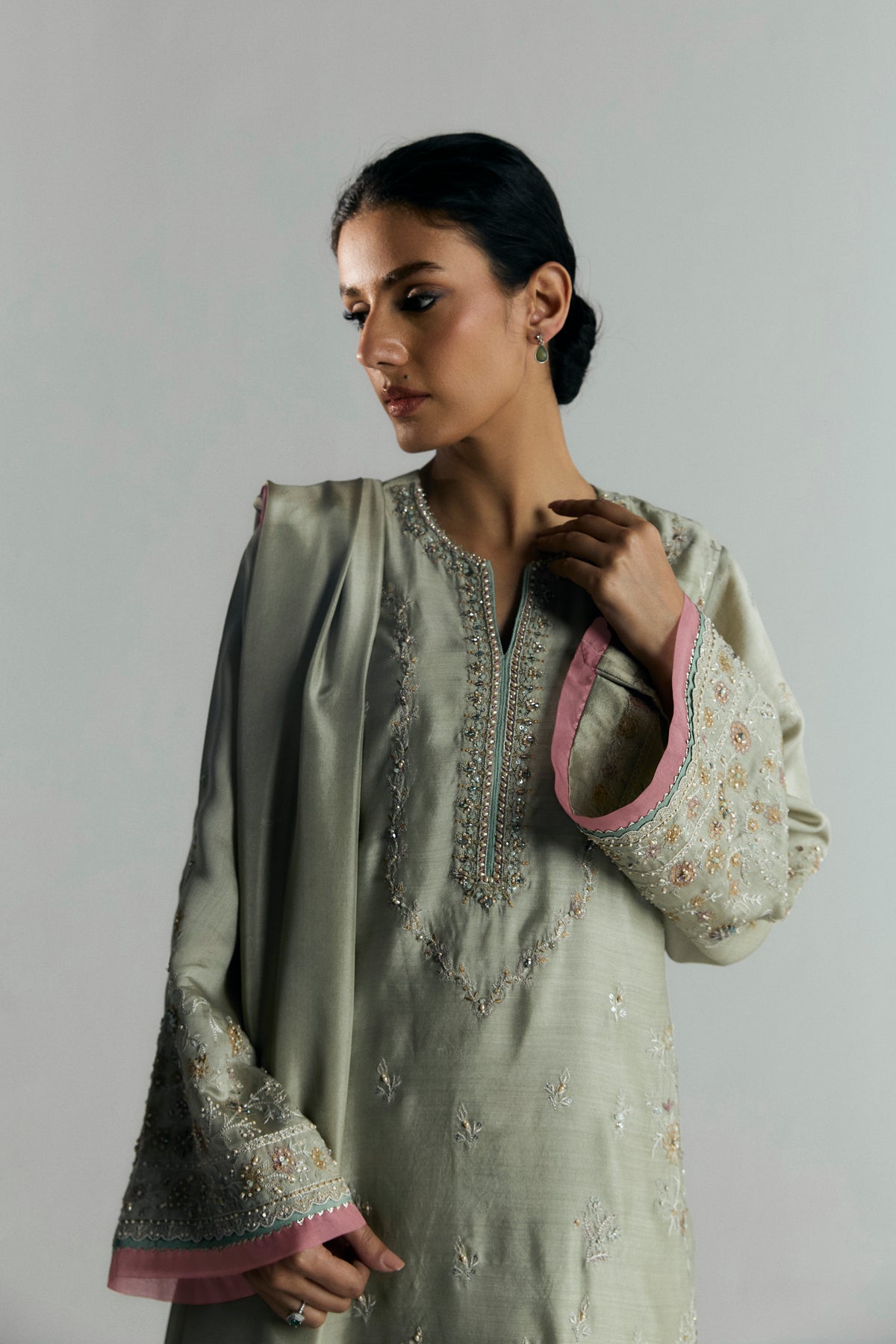Willow Set full look — khaadi silk kameez with wide-hem raw silk trousers and silk dupatta