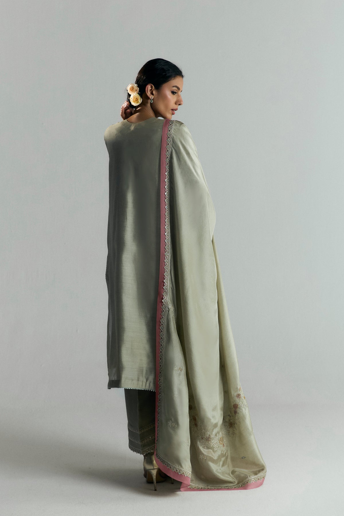 Willow Set styled — pleated wide-hem trousers and silk dupatta with organza finishings