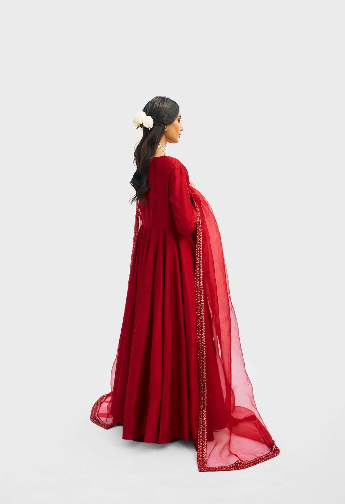 Luxury modest red Pakistani peshwas set for women — hand-embellished raw silk formal wear with organza dupatta by Mannam