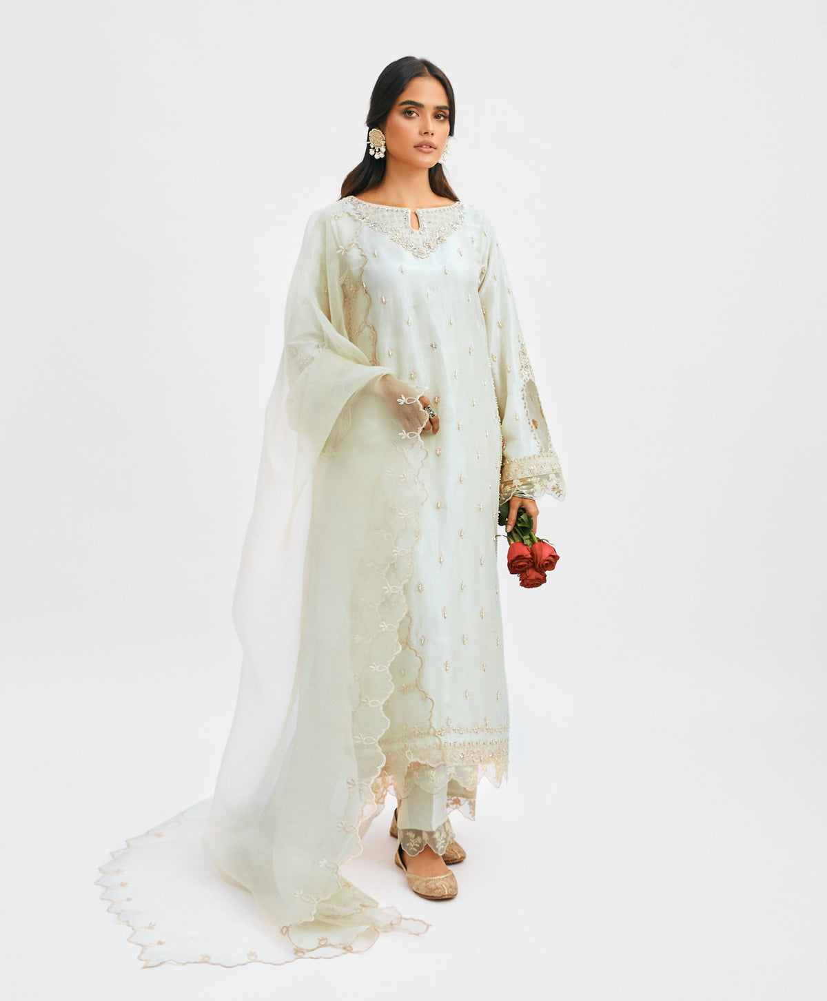 Off-White Set — Pure Raw Silk Kameez with Keyhole Neckline & Organza Dupatta