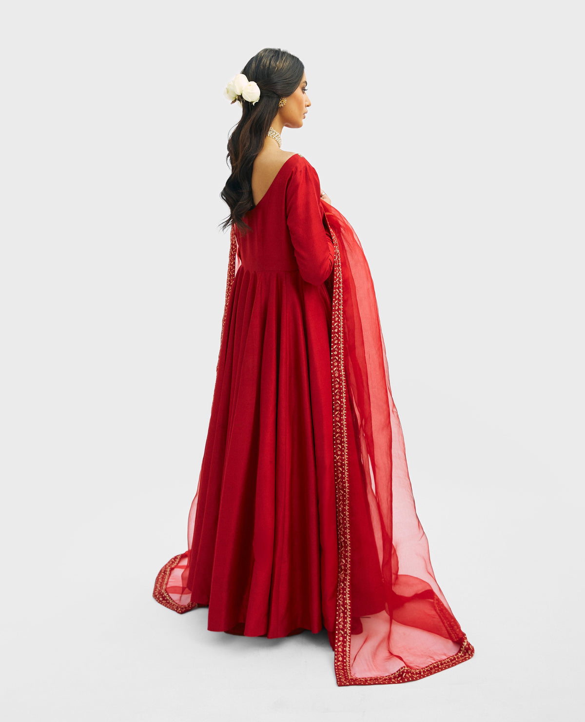 Full-length red Pakistani raw silk peshwas dress with sharara trousers — luxury South Asian formal occasion wear UK