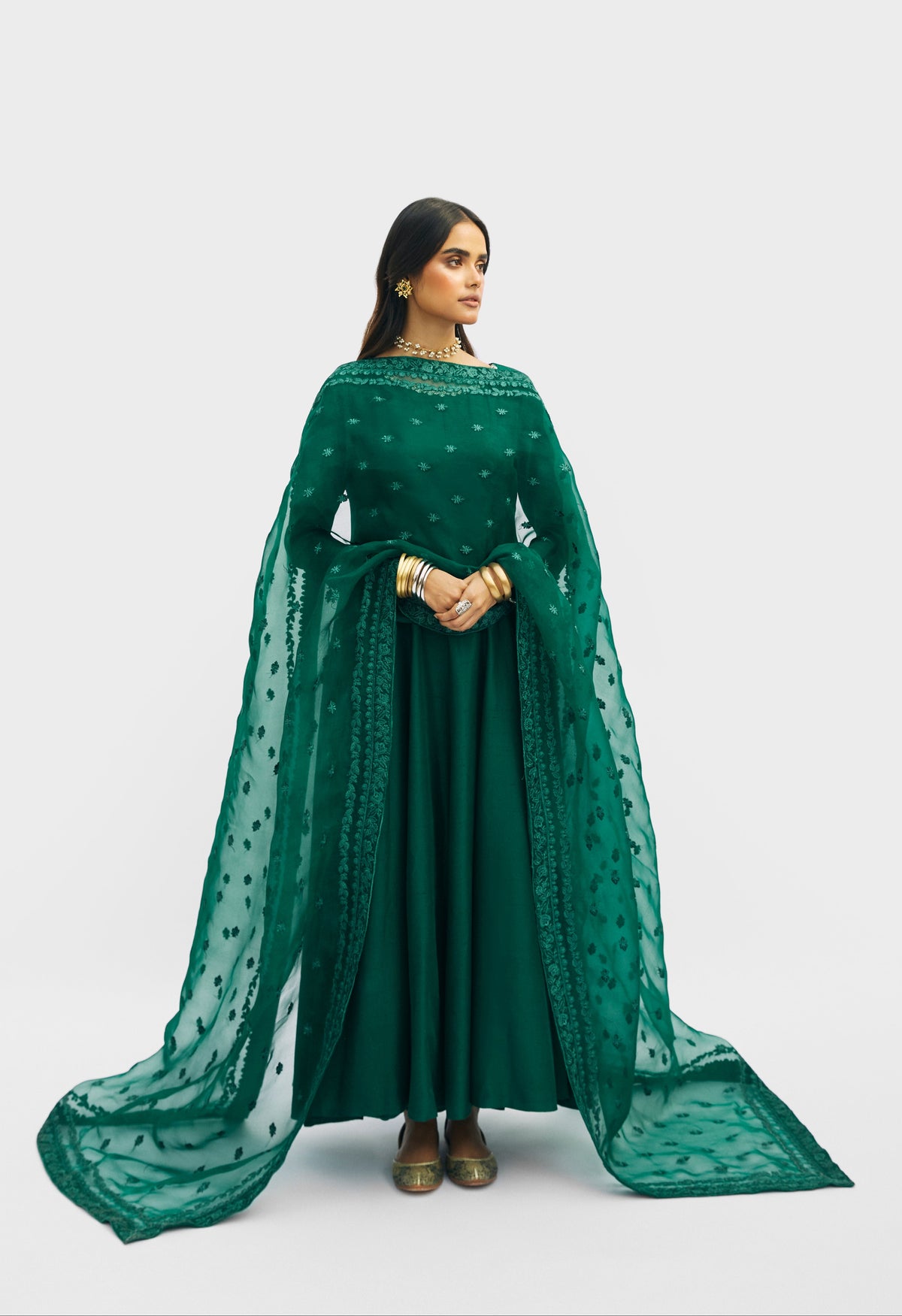 Emerald Kalidaar Set — Pure Raw Silk Green Pakistani Peshwas