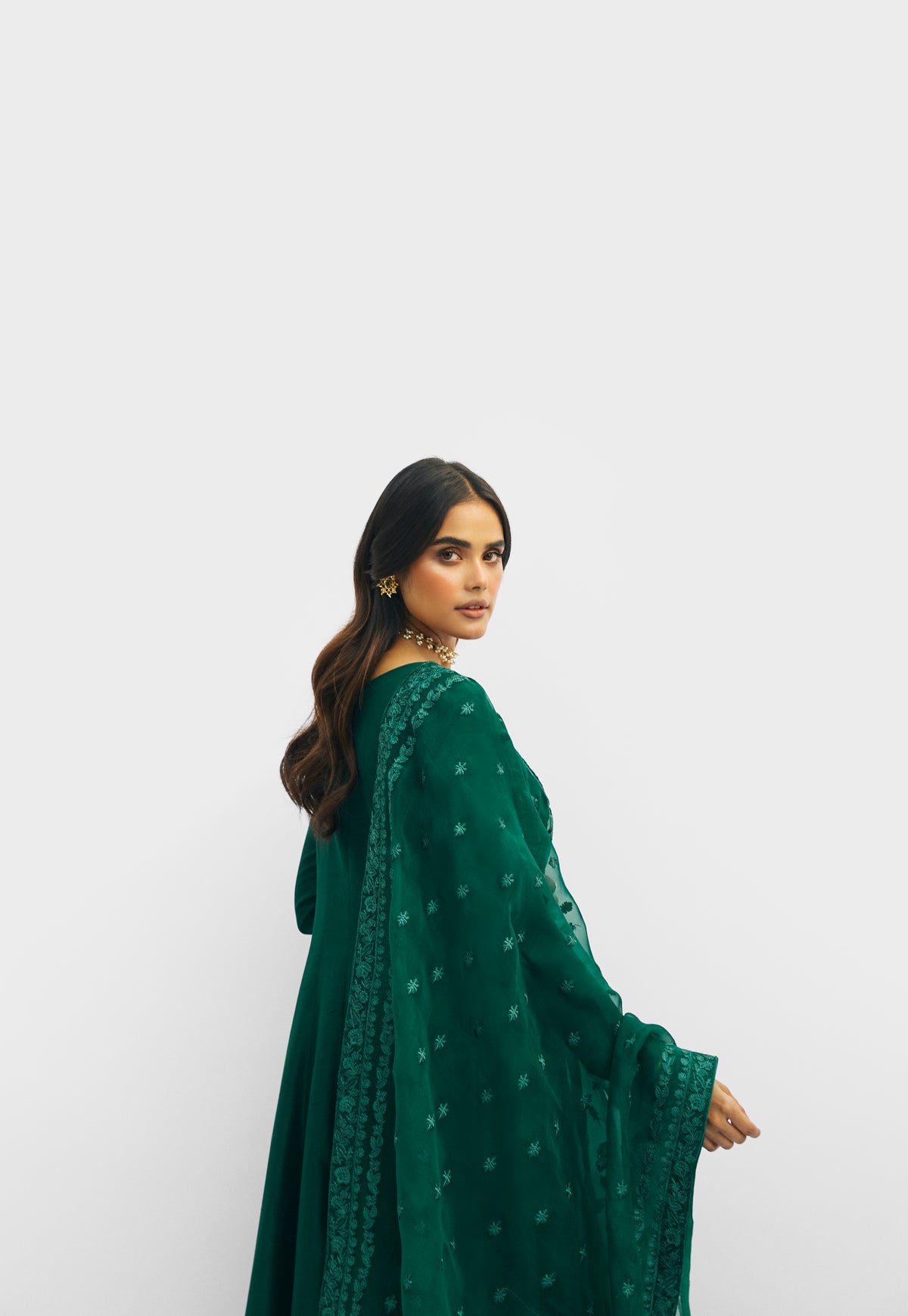 Emerald Kalidaar full look — flared raw silk A-line peshwas in deep green