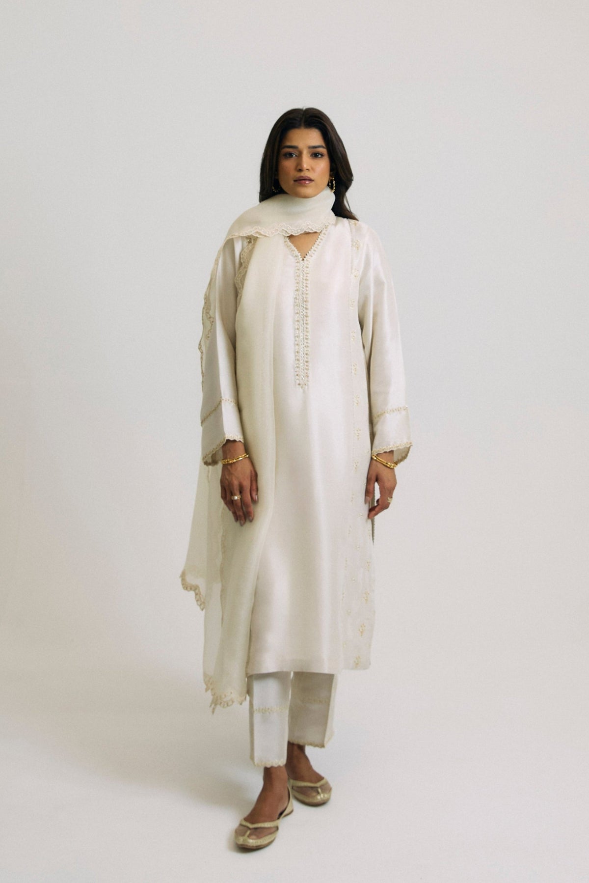 Mannam Pearl Set — luxury raw silk Pakistani longline kameez with gota embroidery, hand beadwork and mirror work side panels UK