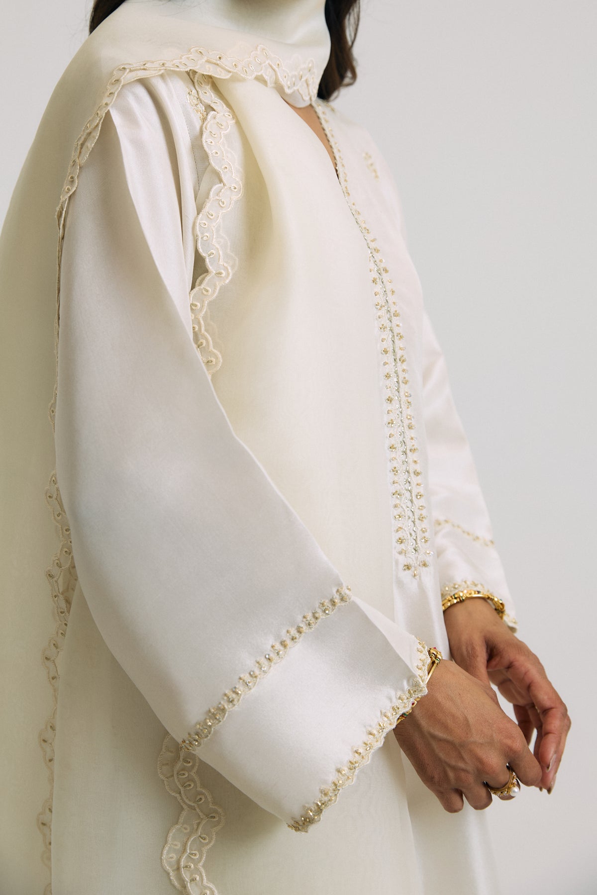Pakistani raw silk kameez with gota embroidery and mirror work side panels — Mannam UK