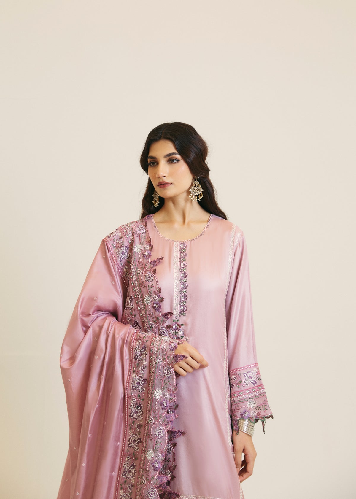 Silk dupatta with embroidered border — Mannam Lavender Set Pakistani formal wear