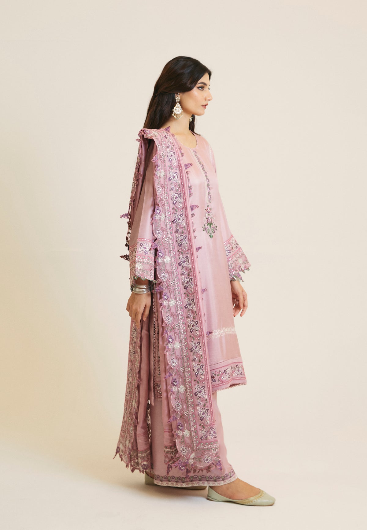 Lavender Set full look — pure silk kameez with silk trousers and embroidered dupatta
