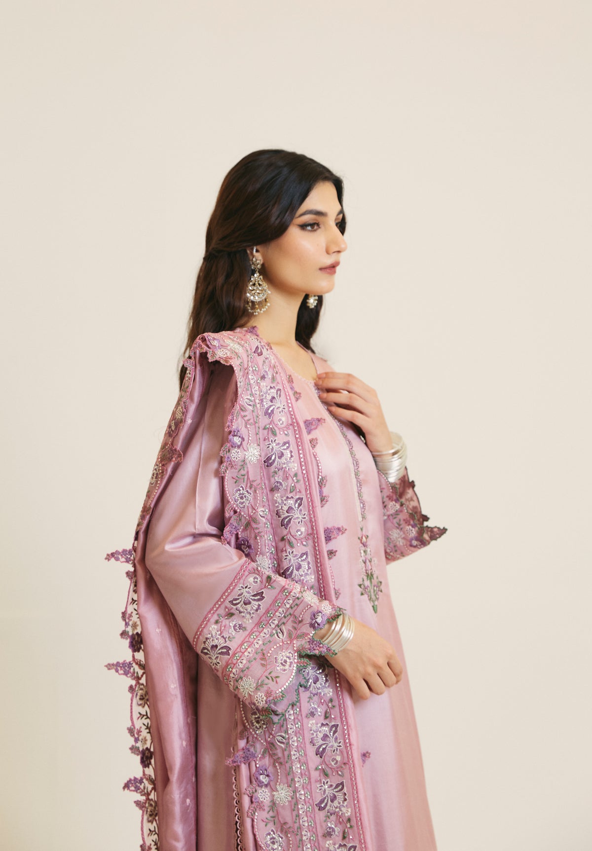 Lavender Set styled — pure silk three-piece Pakistani kameez set