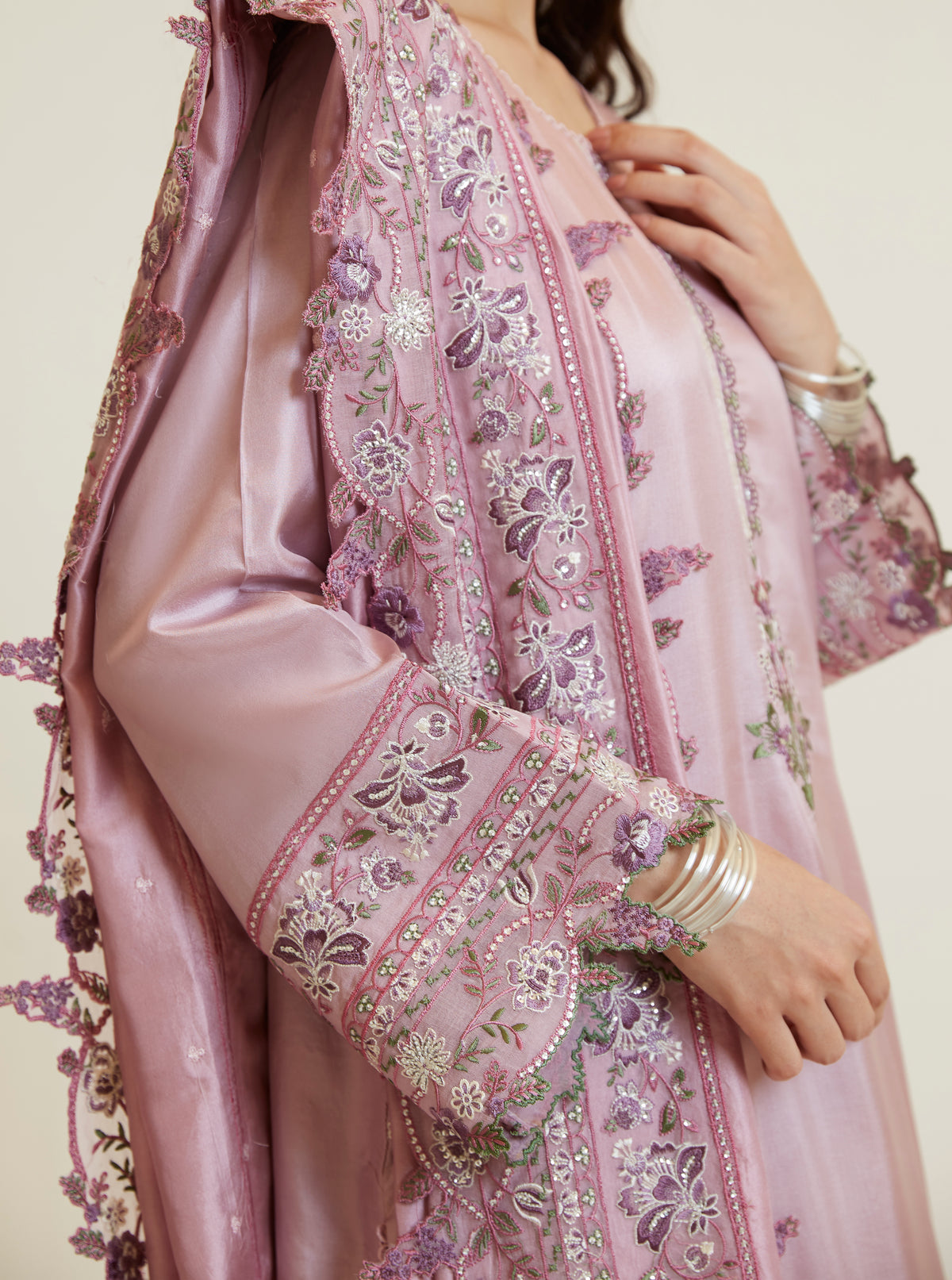 Mannam Lavender Set worn — soft lavender silk kameez | Pakistani designer formal wear