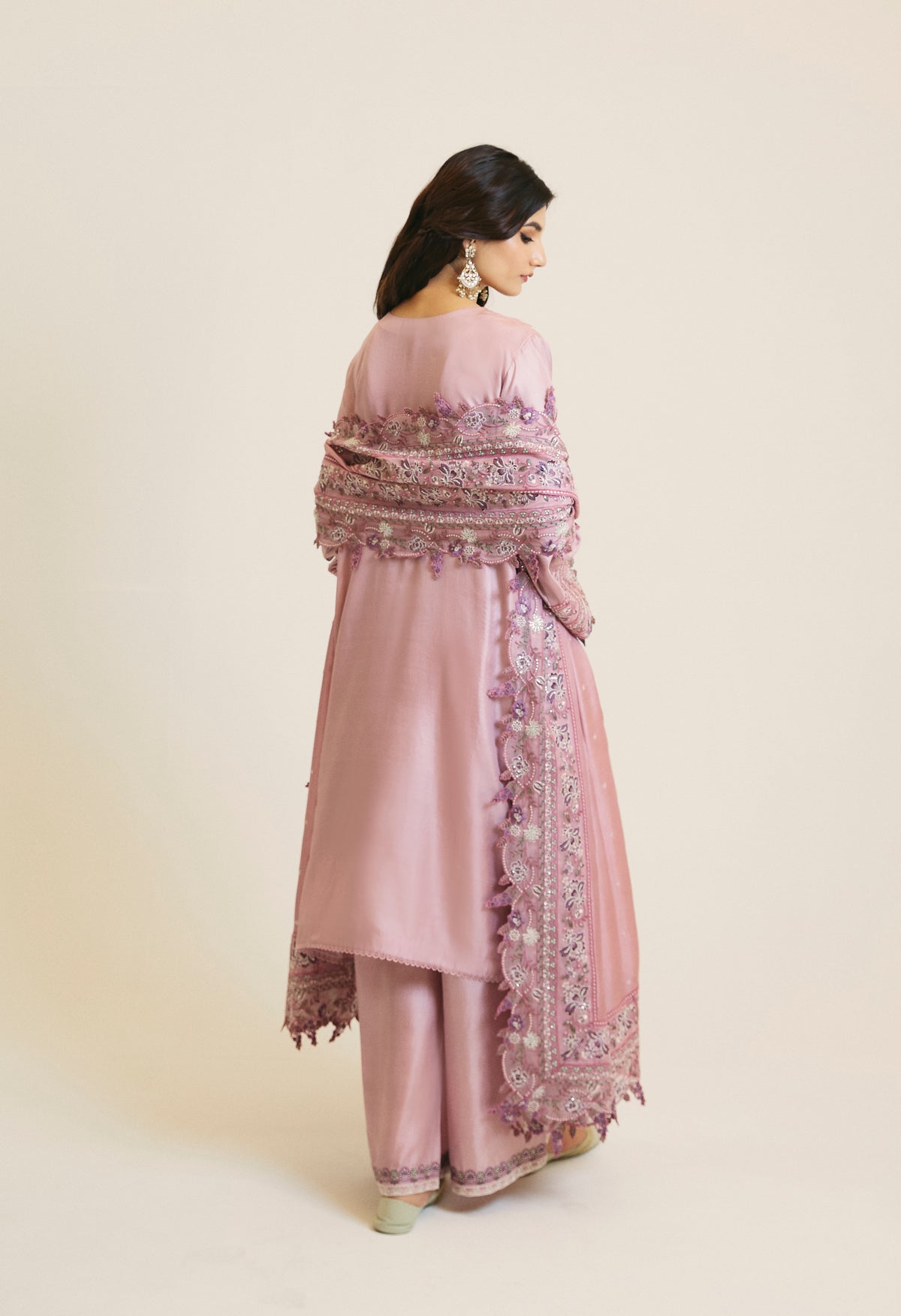 Lavender silk kameez embroidery detail — neckline close-up