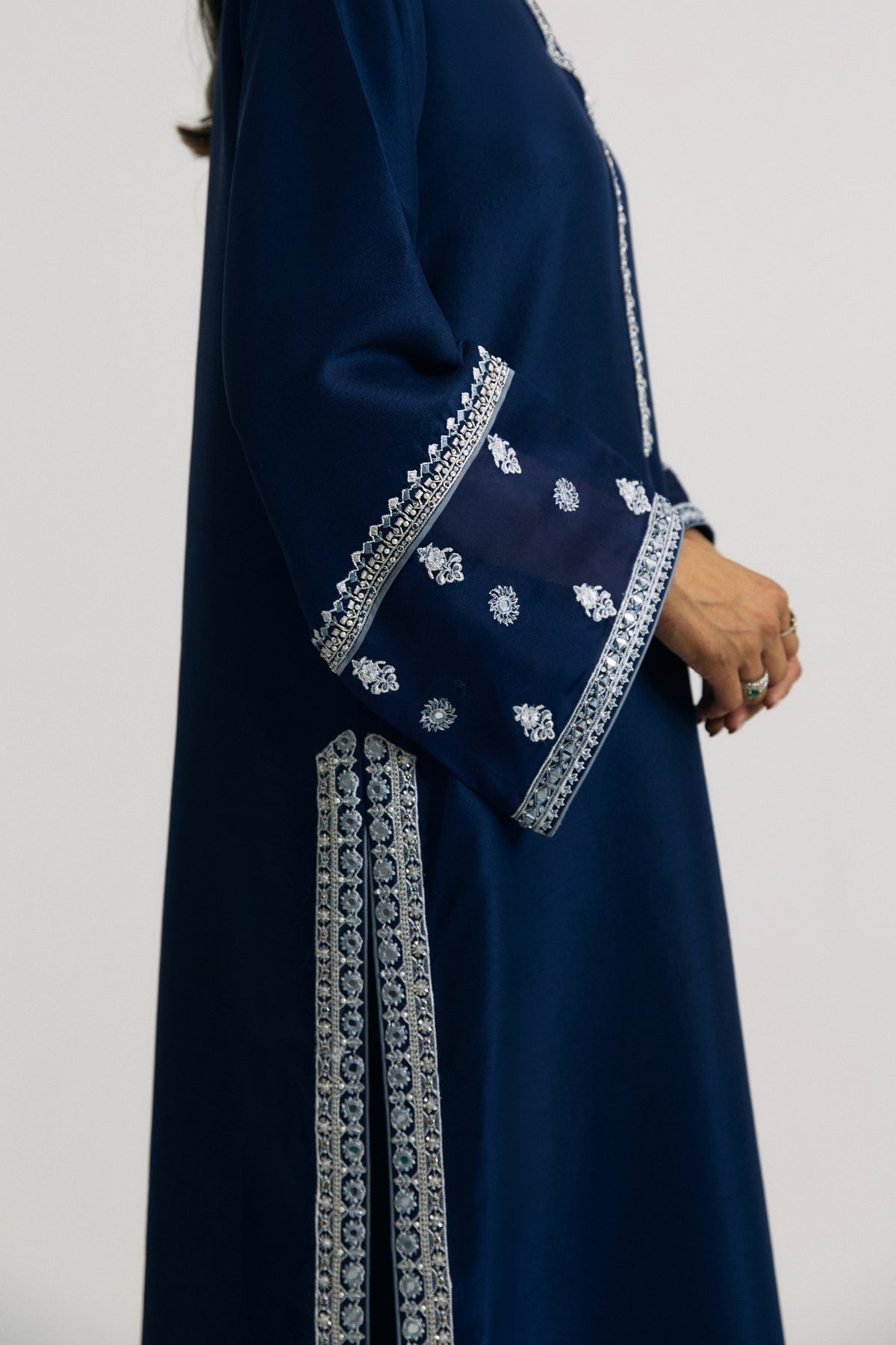 Designer navy silk kameez set with embroidered dupatta for women