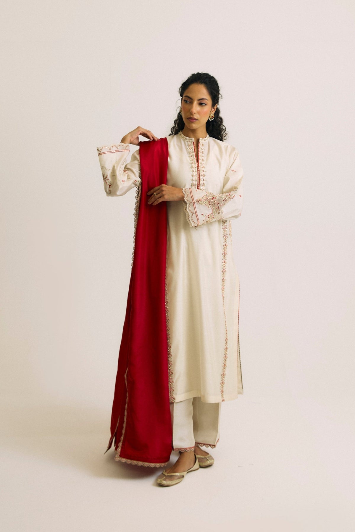 White and Red Set — Pure Silk Three-Panel Pakistani Kurta
