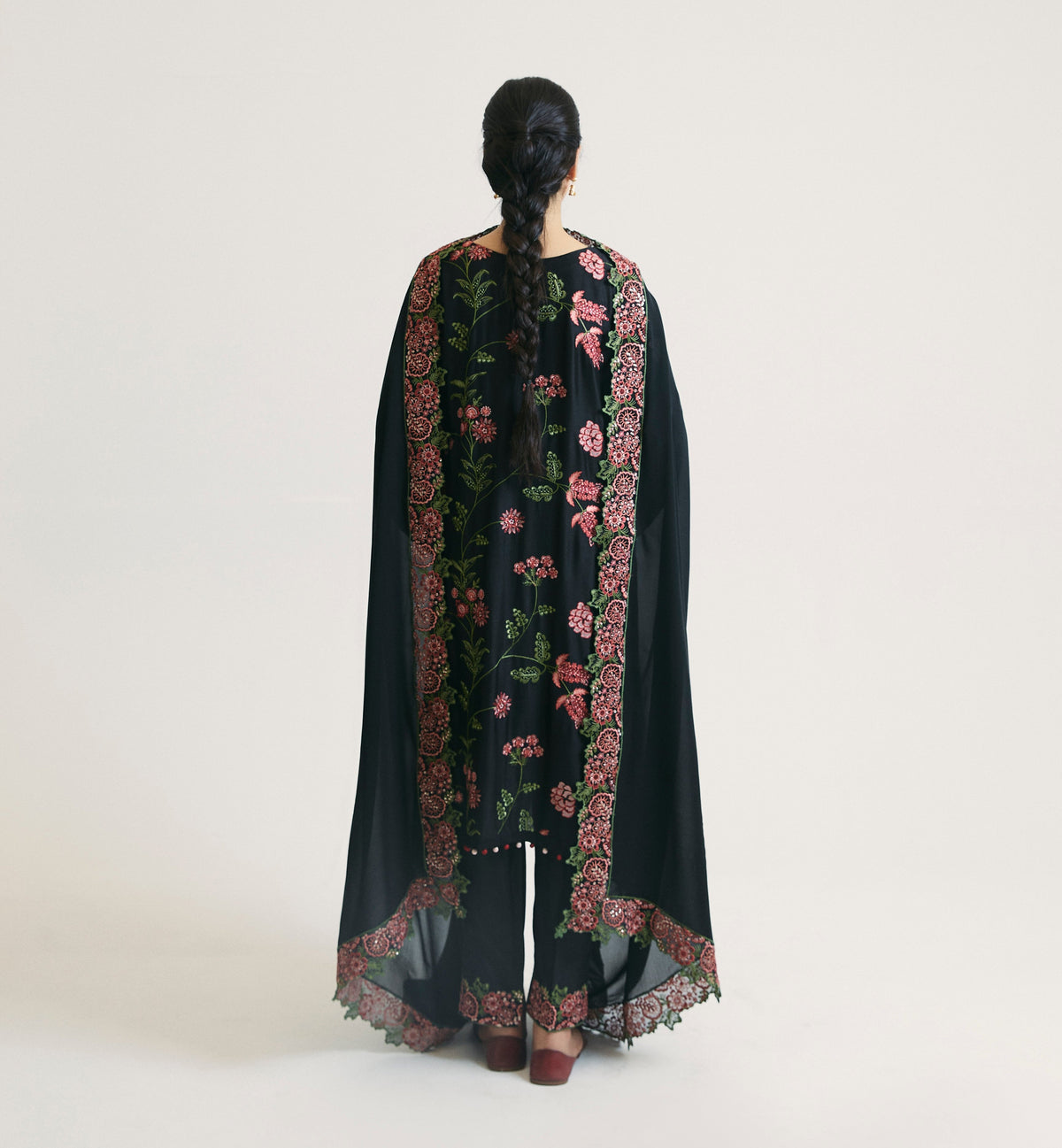 Black embroidered Pakistani rayon suit with matching dupatta — elegant festive outfit for South Asian women UK