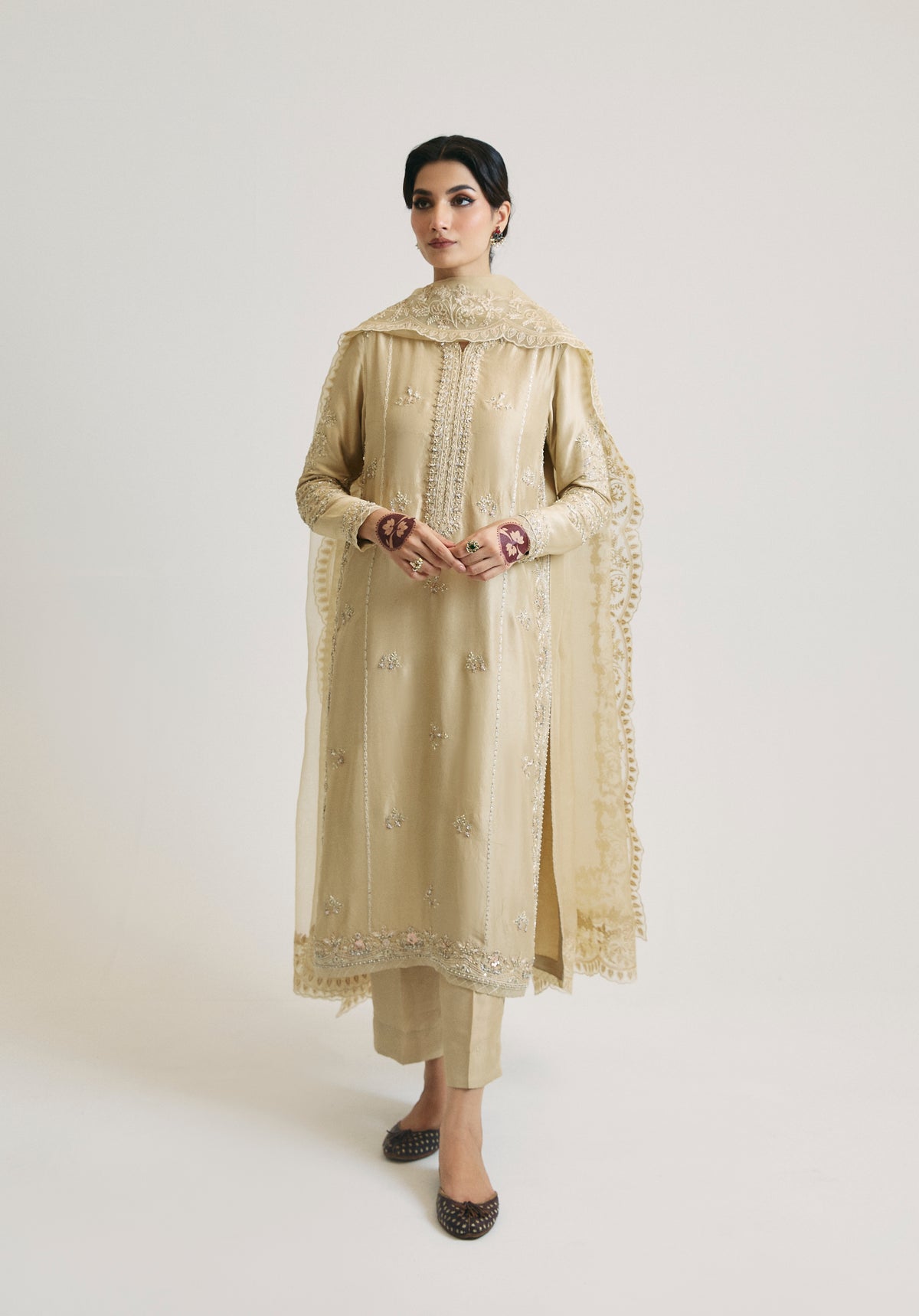 Gold Set — Honey Gold Raw Silk Kameez with Floral Motif Hand Embellishments