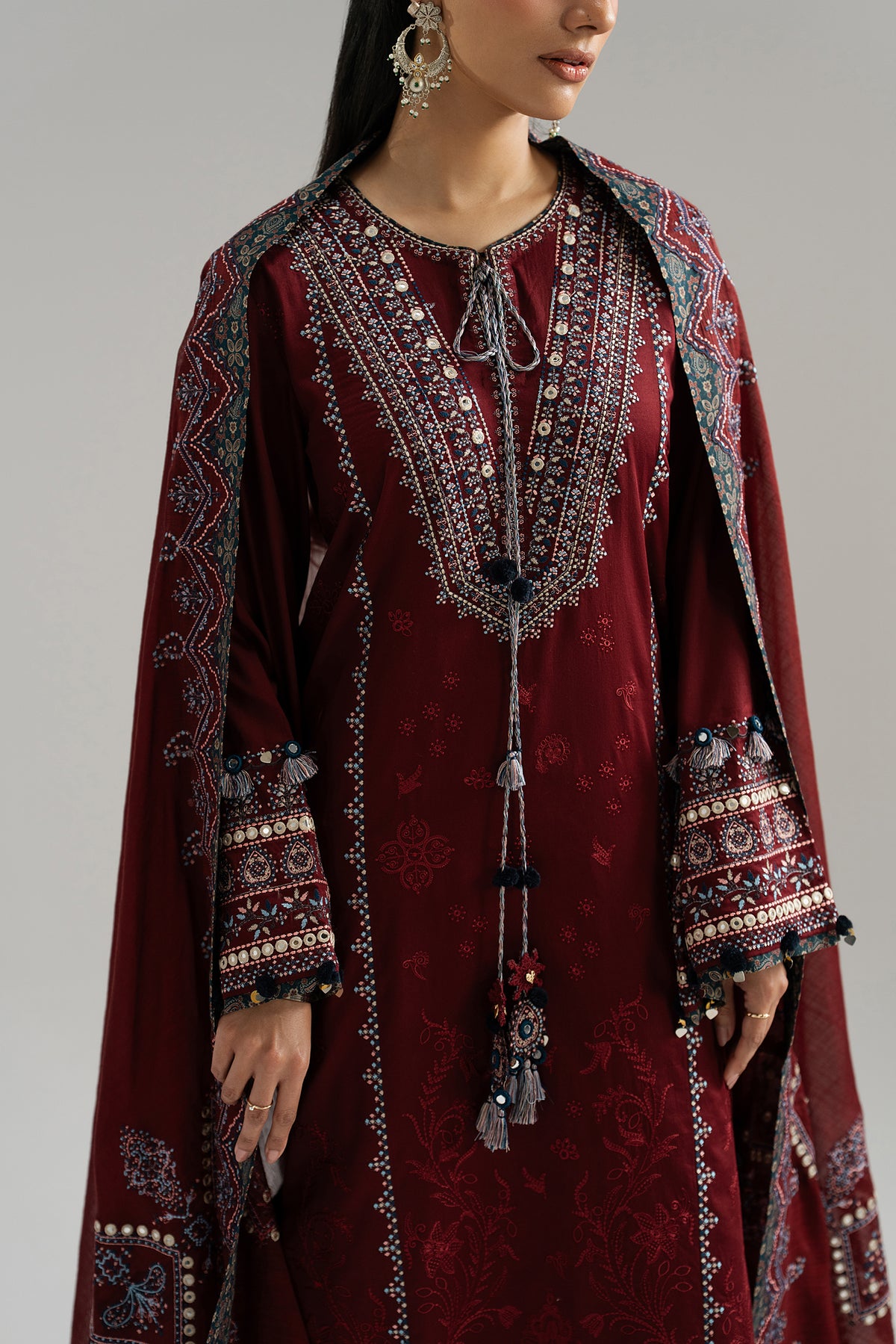 Deep maroon Pima cotton kameez with Sindhi embroidery and sequin neckline — Pakistani Eid wear