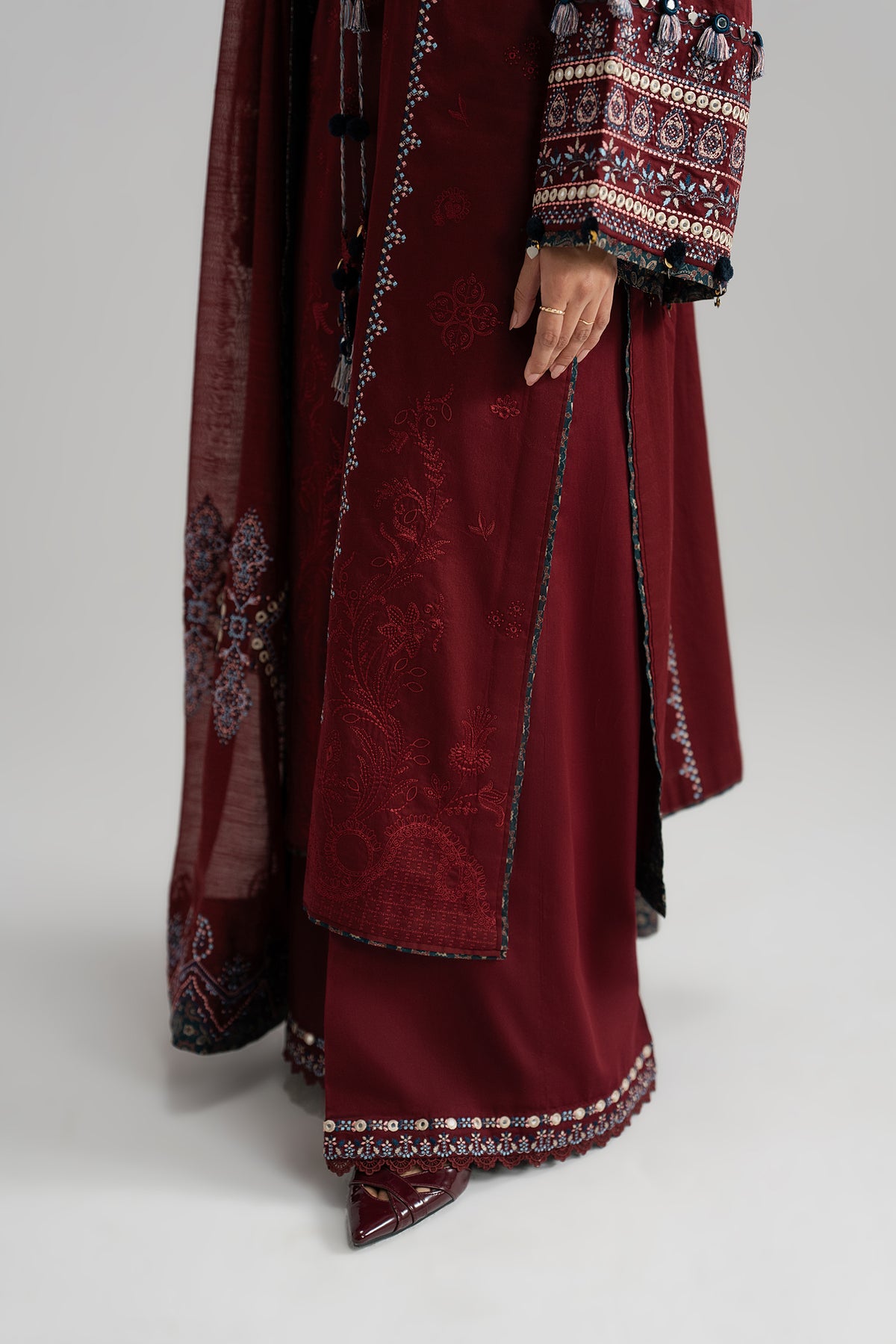 Saffron Set full length — deep maroon Pima cotton with Sindhi embroidery | Mannam Pakistani fashion