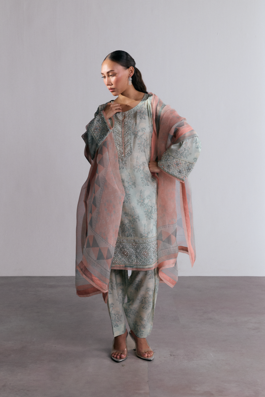 Sky Blue Set — Silk Floral Print Pakistani Short Kameez