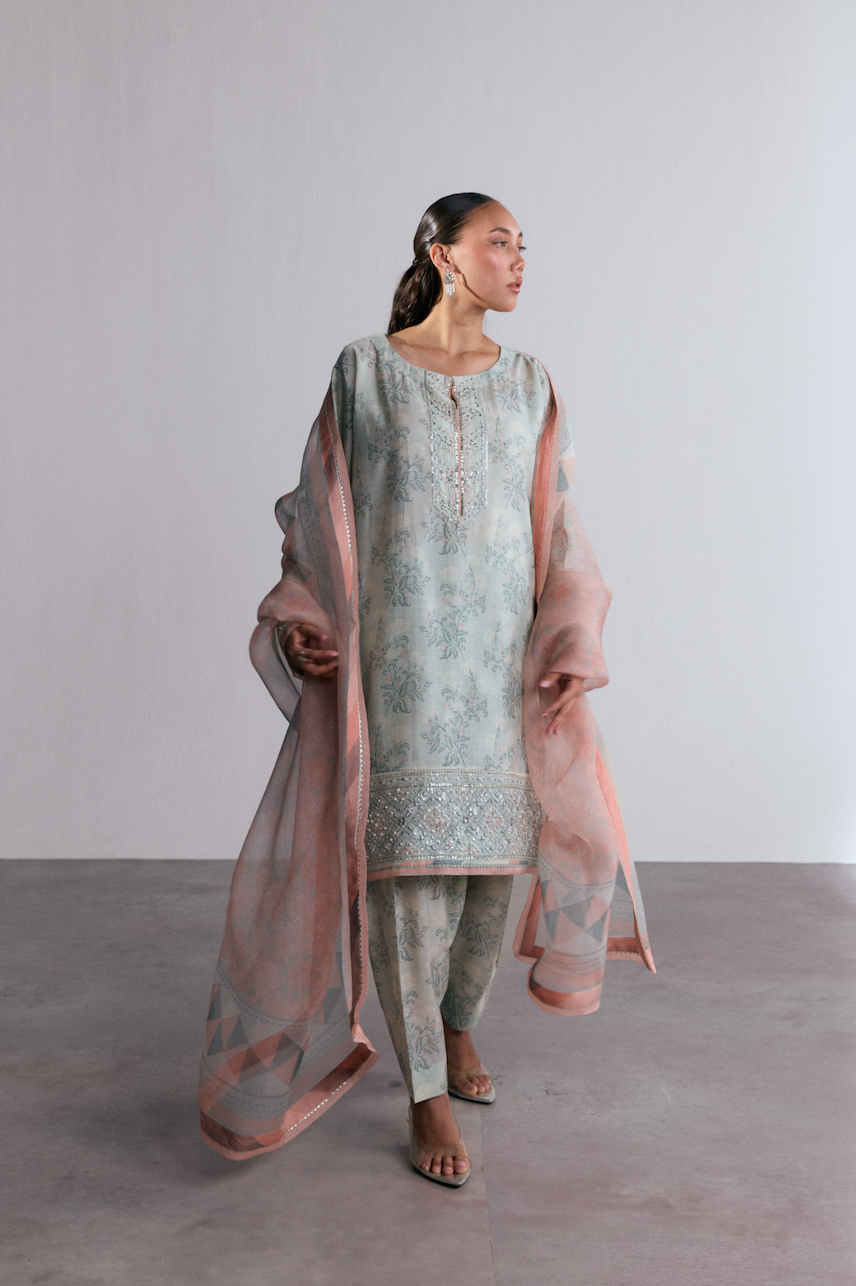 Sky Blue Set full look — silk floral kameez with printed shalwar and gota dupatta