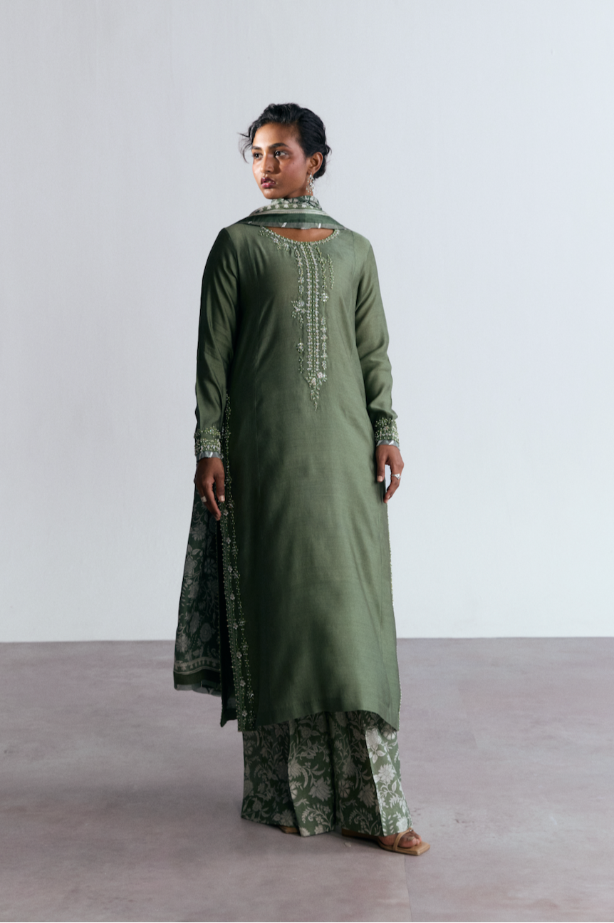 Olive Pure Silk Kameez Set with Gota Organza Dupatta