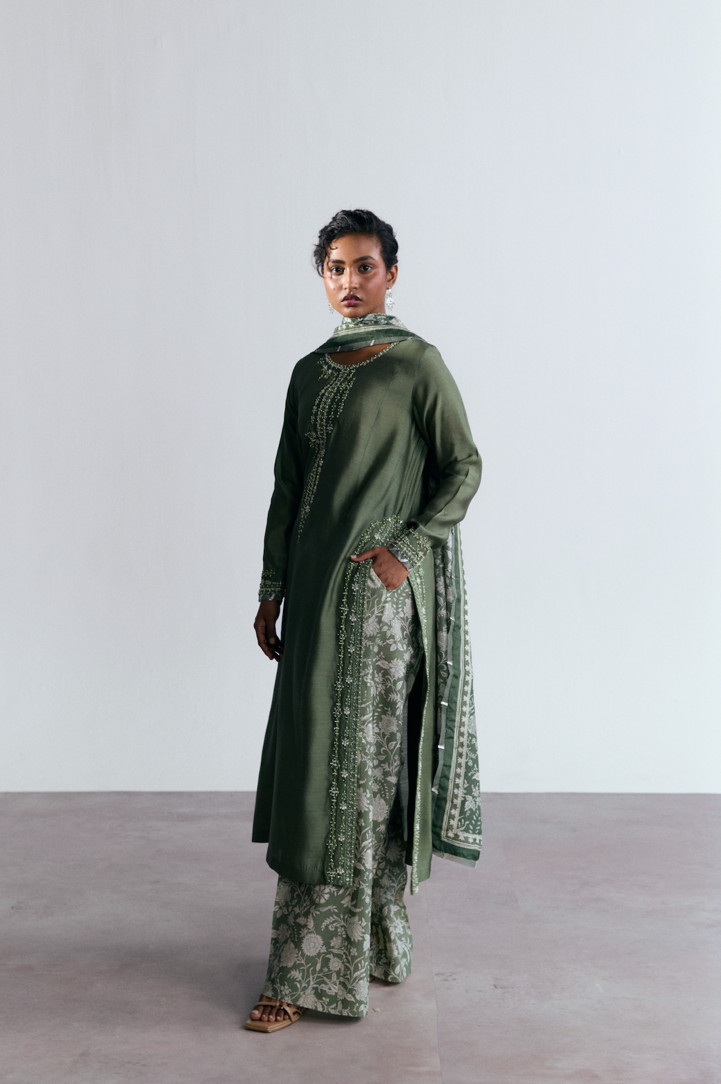 Hand embellished silk kurta set with organza dupatta for weddings