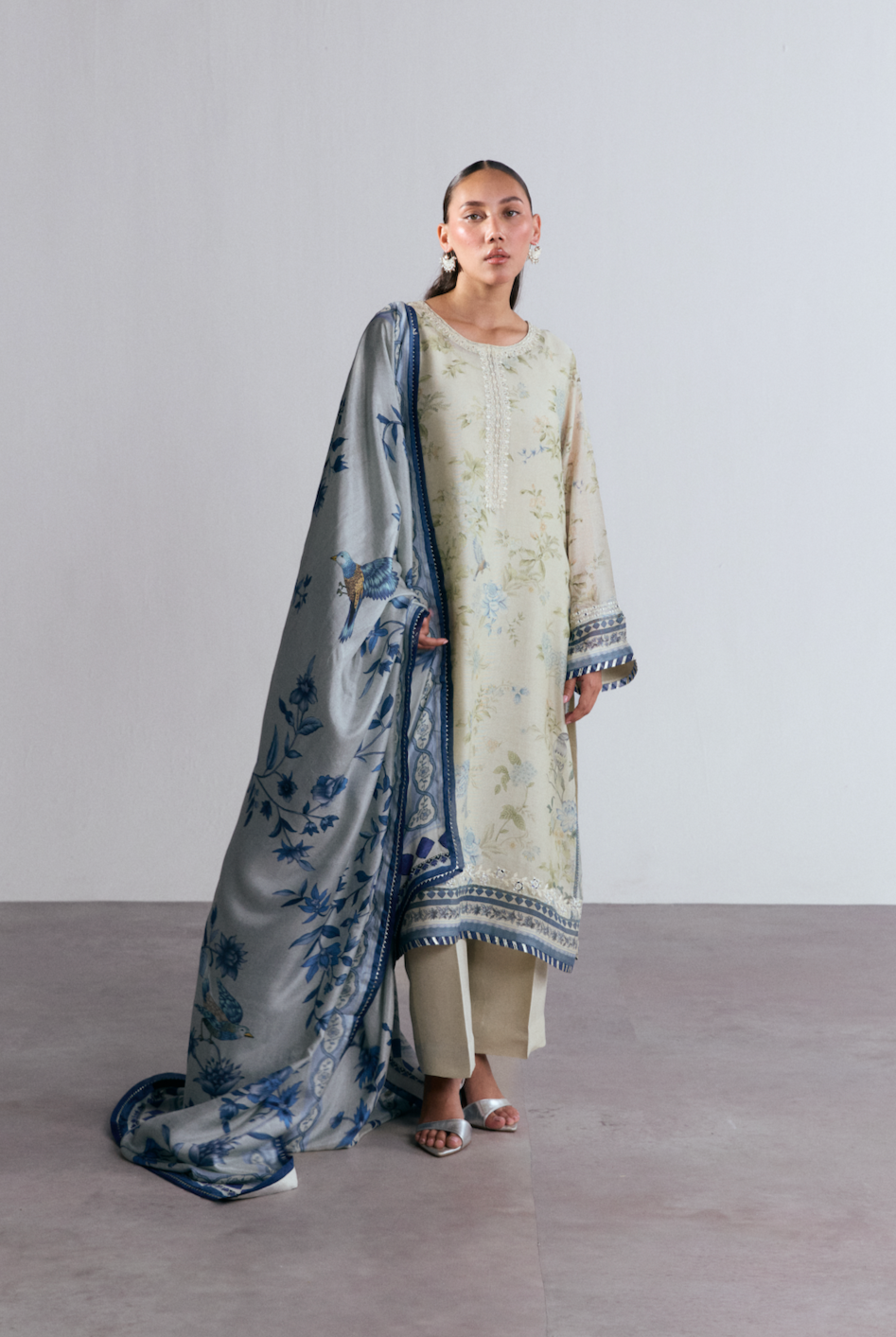 Pure silk printed Pakistani kameez with embroidered neckline and gota-border dupatta