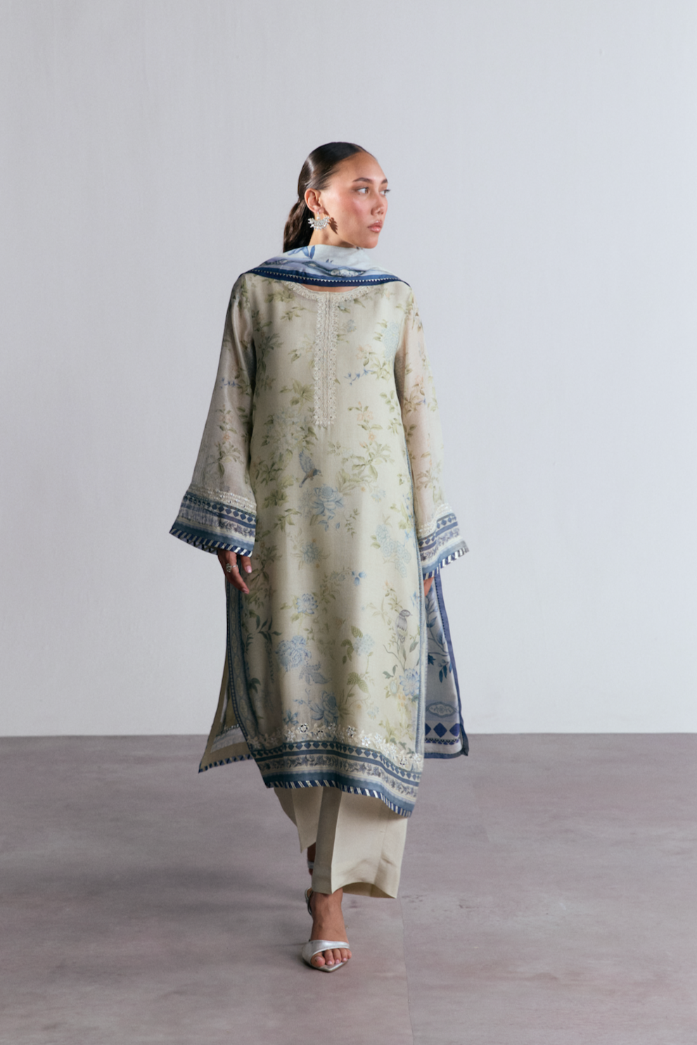 Wishbone Set full look — silk printed kameez and straight-cut trousers