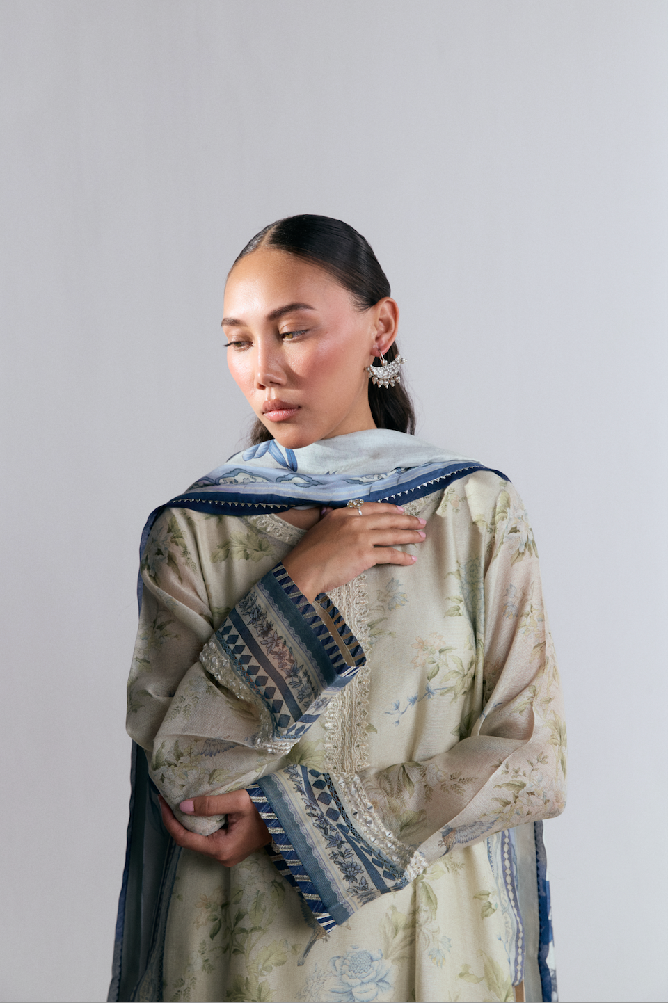 Silk printed kameez detail — embroidery on neckline and sleeves