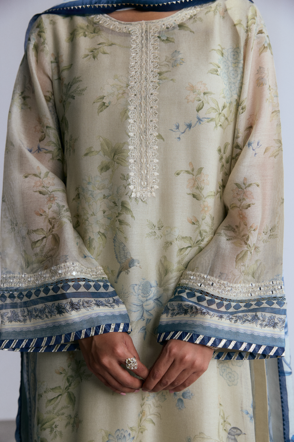 Wishbone gota dupatta detail — printed silk with gota embroidery border