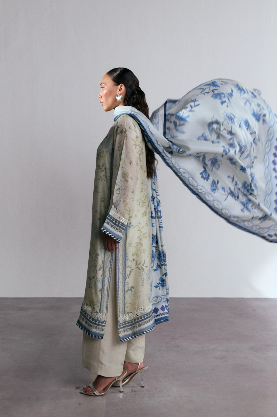 Wishbone Set styled — pure silk print with straight-cut trousers