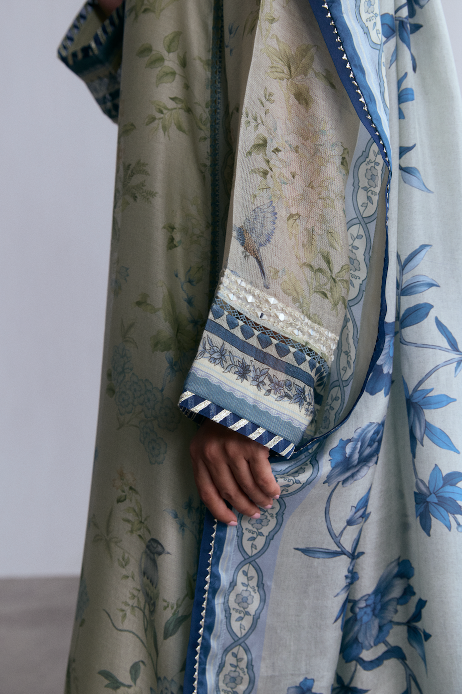 Embroidered hem detail — pure silk printed kameez