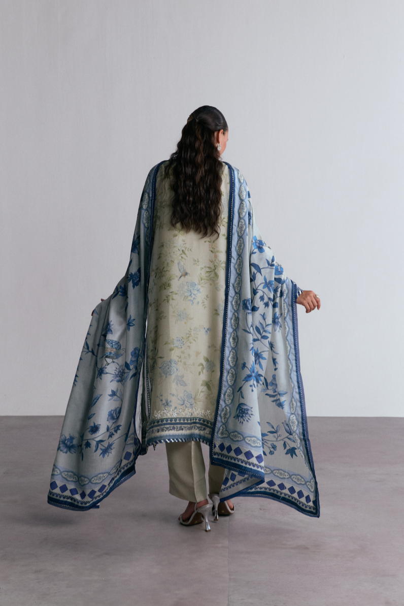 Pure silk printed Pakistani outfit — Wishbone Set back view