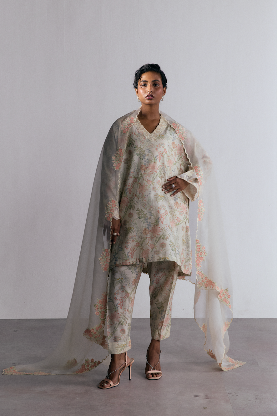 Luxury ivory khaadi silk shalwar kameez for women with botanical print and scalloped organza dupatta — Pakistani designer outfit UK
