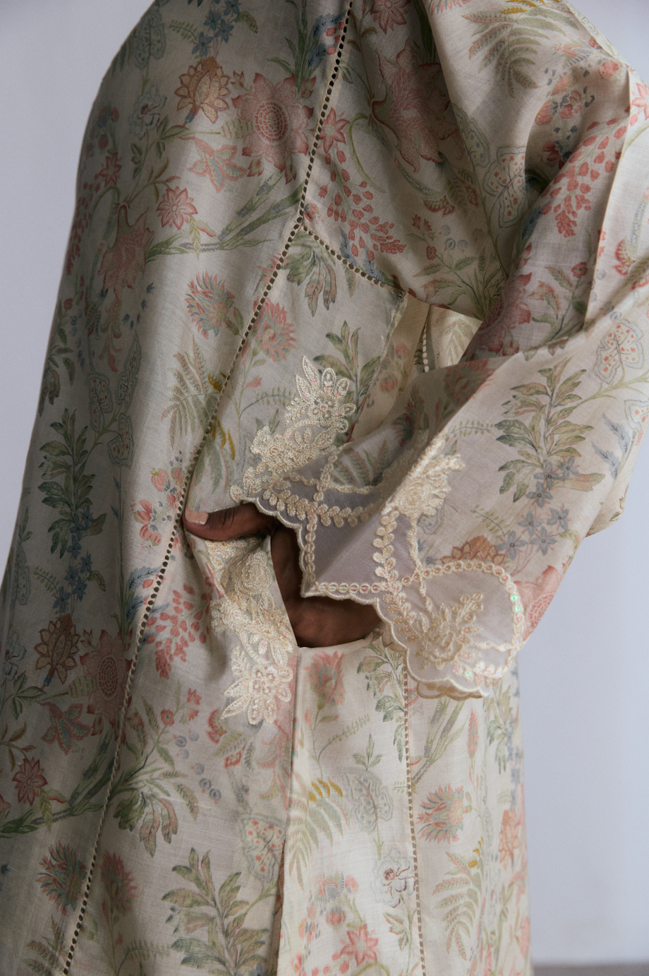 Designer ivory short kameez and shalwar set in printed khaadi silk — luxury ethnic wear Pakistan for women UK