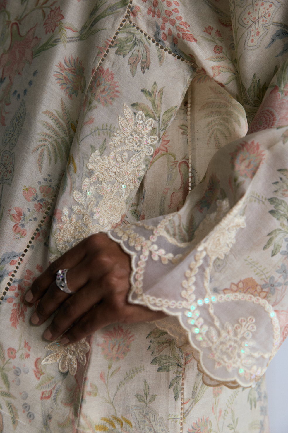 Khaadi silk ivory Pakistani short kameez with scalloped organza dupatta, floral motifs and pockets — formal wear UK
