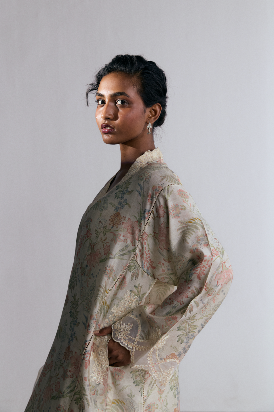 Premium women's shalwar kameez in printed khaadi silk ivory — designer South Asian festive outfit with organza dupatta