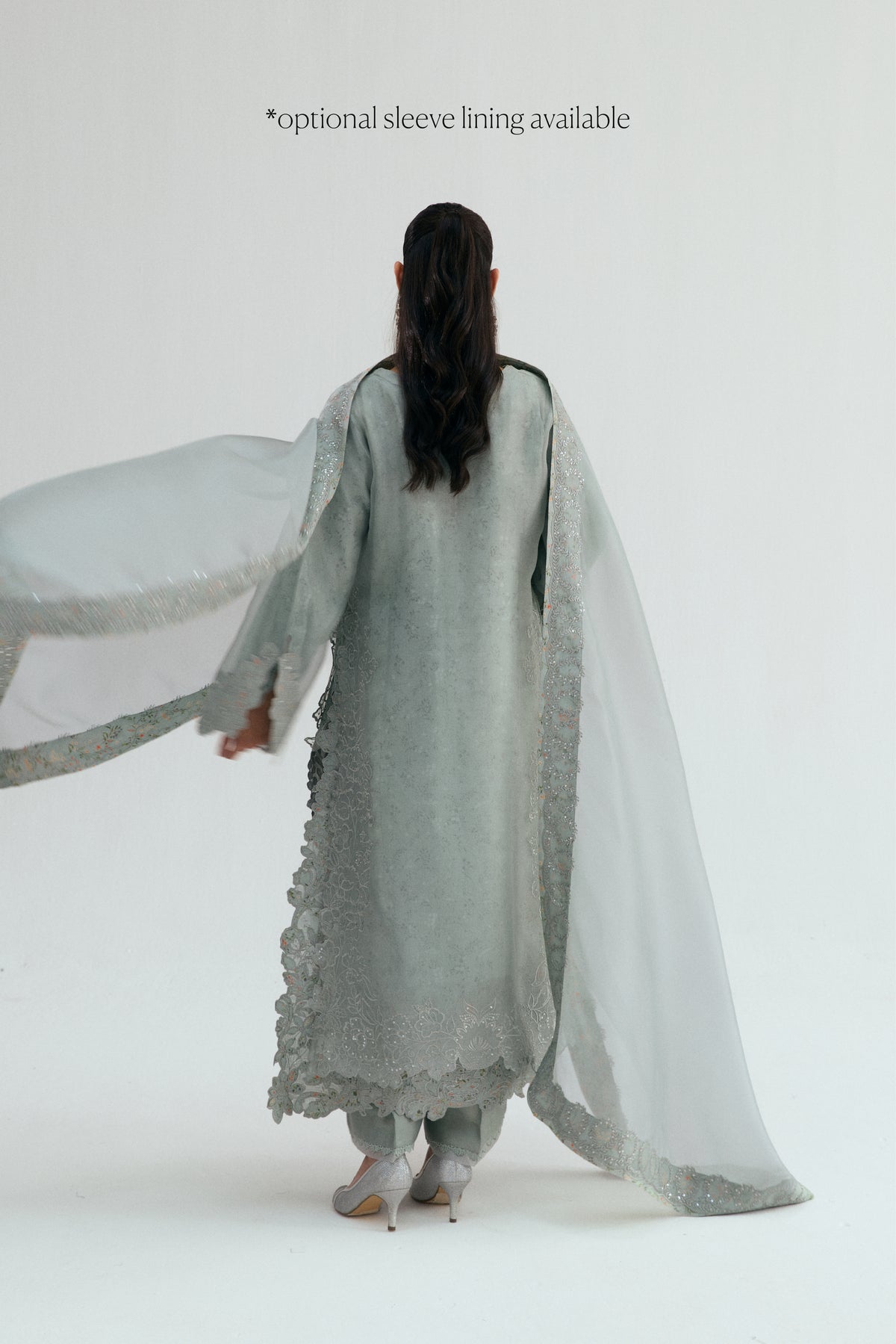 Haze Set — unlined sleeve cutwork on pastel grey organza Pakistani kameez | Eid formal wear UK