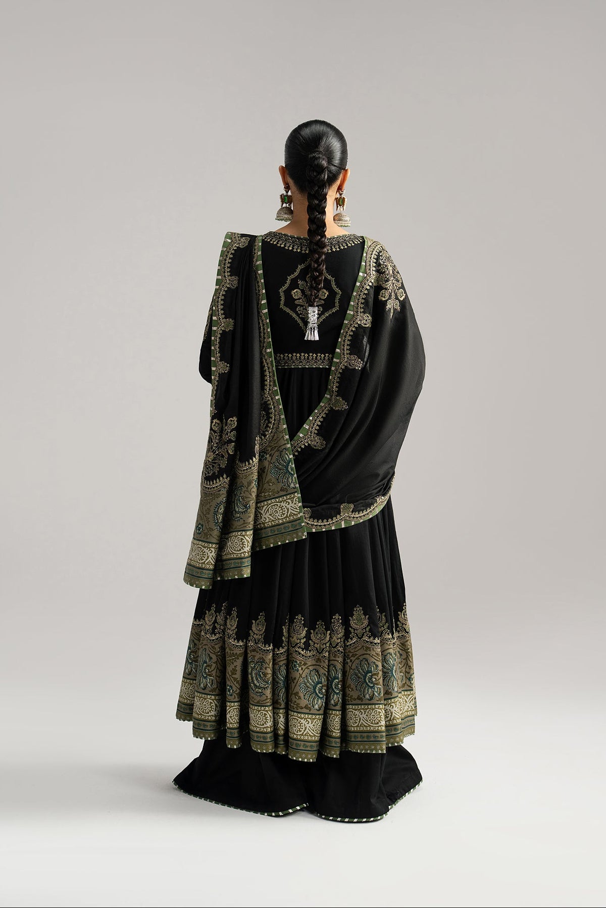 Mannam Sunstone Set close-up — printed border and sequin embroidery on anarkali hem | Pakistani
